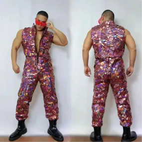Mens Laser Mirror Sleeveless Jumpsuit Hip Hop Dancer Party Nightclub Outfit