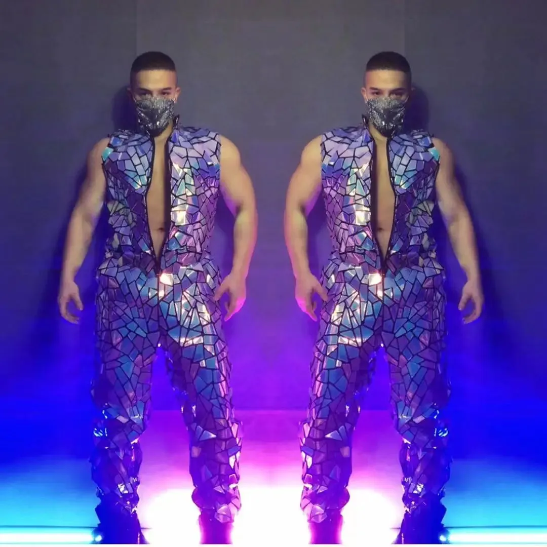 Mens Laser Mirror Sleeveless Jumpsuit Hip Hop Dancer Party Nightclub Outfit