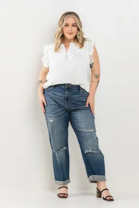 PLUS SIZE* HIGH RISE BOYFRIEND JEANS WITH KNEE DESTRUCTION / SP-P11552-PL