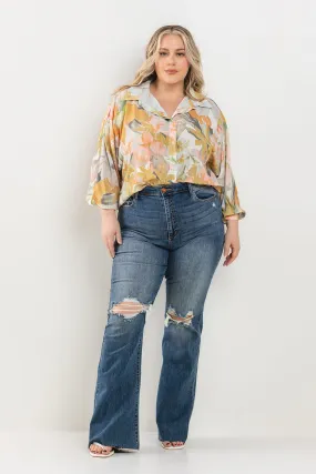 PLUS SIZE* HIGH RISE WIDE FLARE W/ DISTRESS AND RAW HEM / SP-P11463MD-PL
