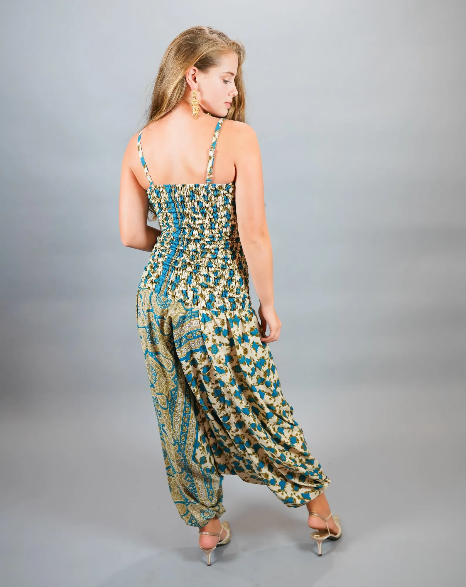Silk Block Printed Floral Sark Olympic Blue Jumpsuit