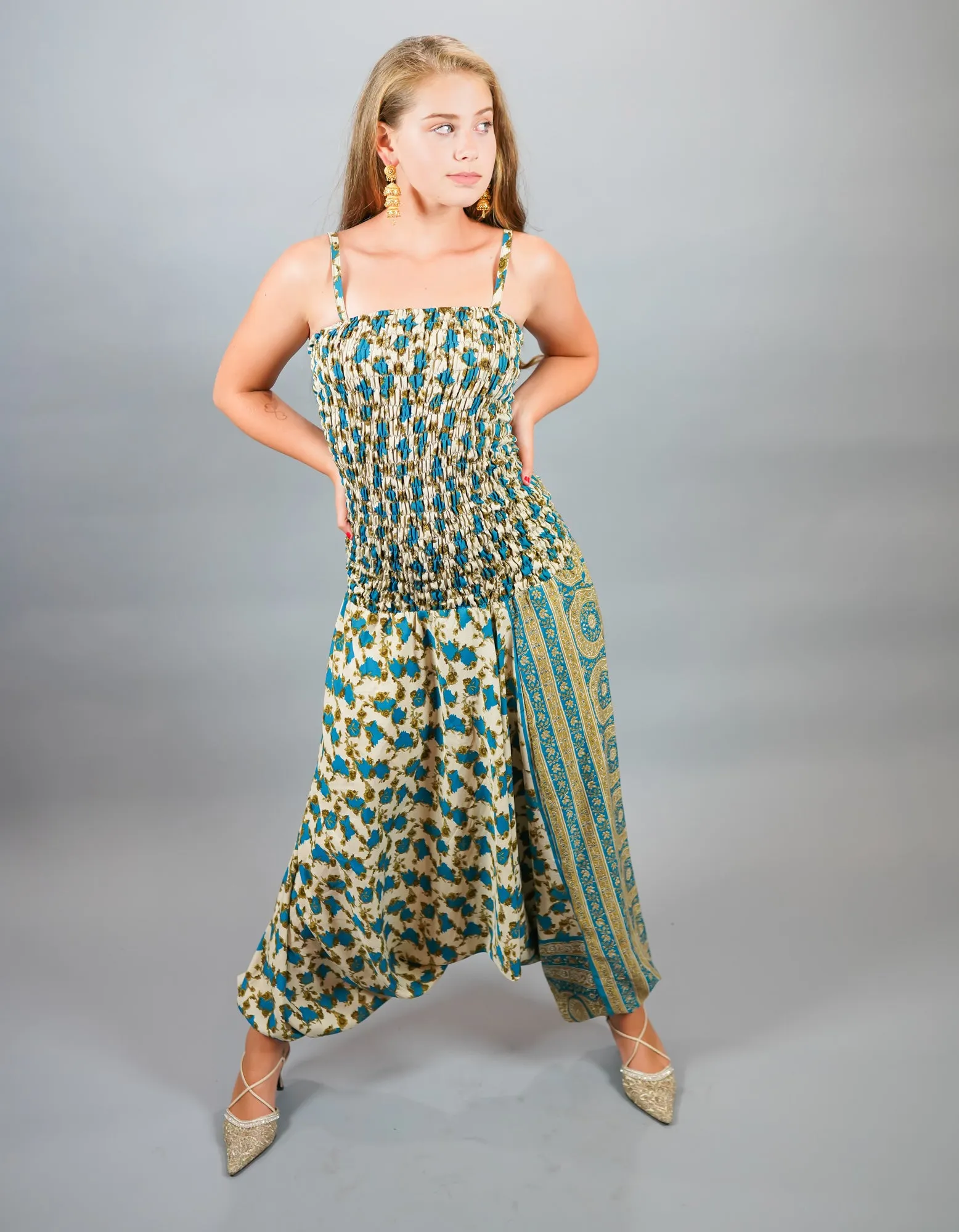 Silk Block Printed Floral Sark Olympic Blue Jumpsuit