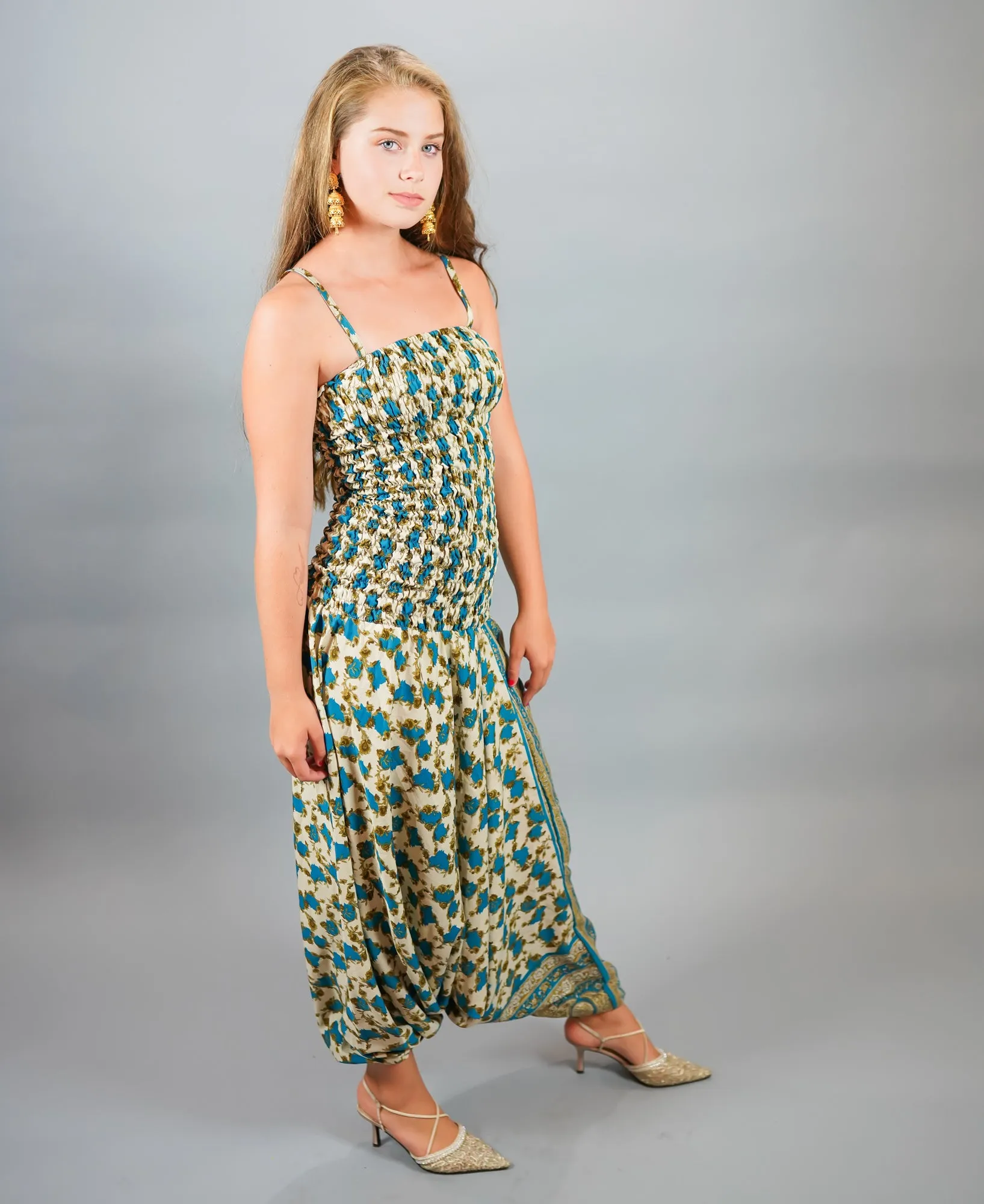 Silk Block Printed Floral Sark Olympic Blue Jumpsuit
