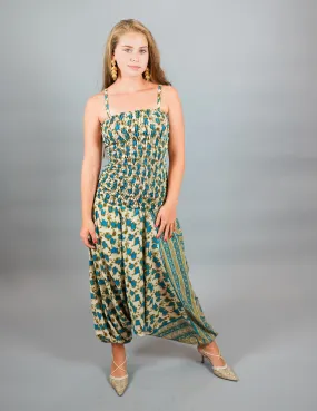 Silk Block Printed Floral Sark Olympic Blue Jumpsuit