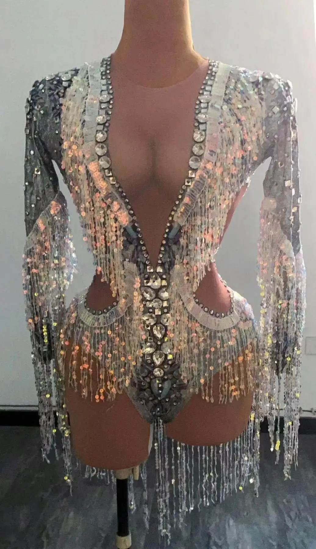 Silver Showgirl Stage Wear Rhinestone Bodysuit Costume Sequins Tassel Dance Jumpsuit Leotard