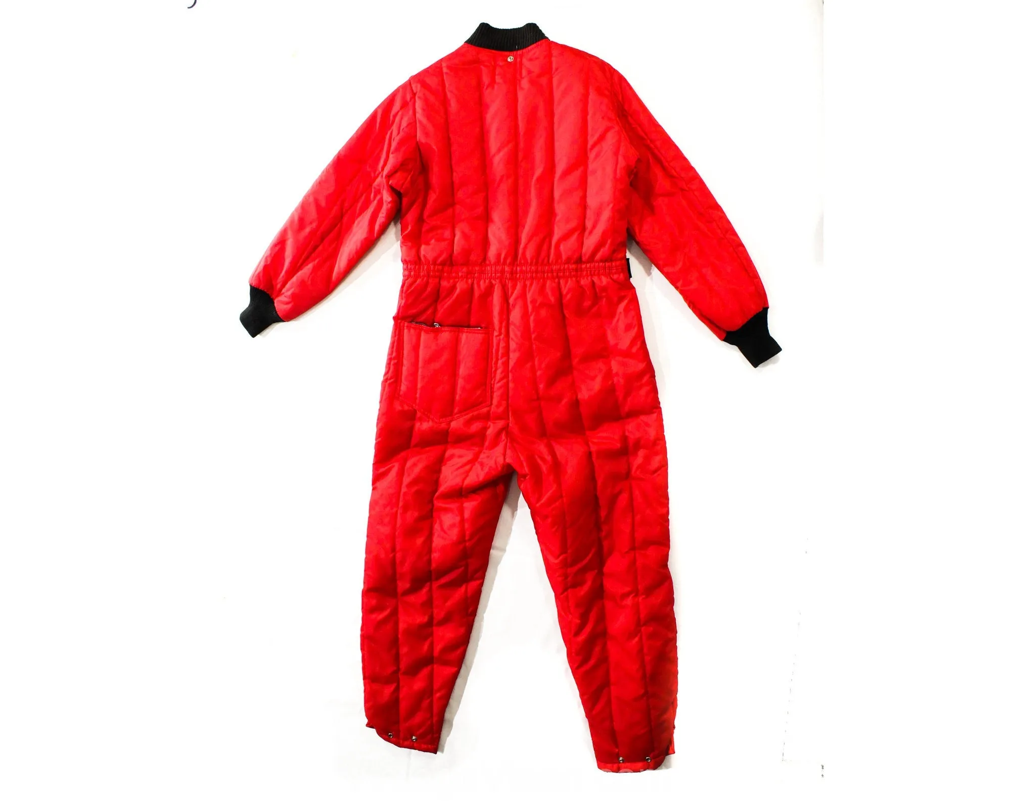 Size 10 1950s Skiing Outfit - Authentic 50s Red Quilted Nylon Sportswear - 1 Piece Ski Winter Sports Jumper - Snow Mobile Logo - Waist 34 35