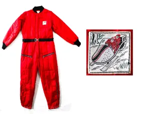 Size 10 1950s Skiing Outfit - Authentic 50s Red Quilted Nylon Sportswear - 1 Piece Ski Winter Sports Jumper - Snow Mobile Logo - Waist 34 35