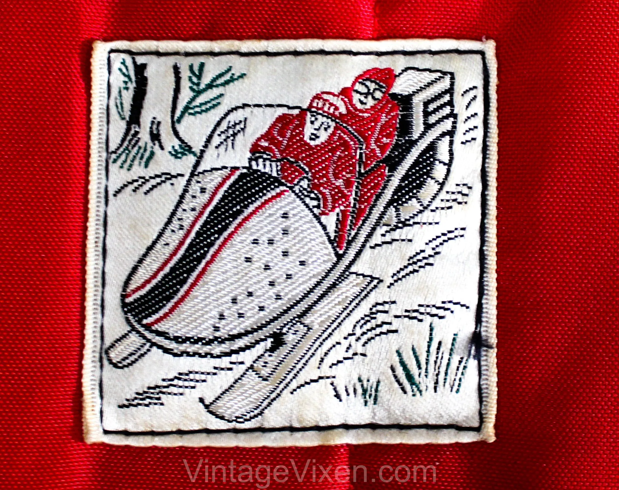 Size 10 1950s Skiing Outfit - Authentic 50s Red Quilted Nylon Sportswear - 1 Piece Ski Winter Sports Jumper - Snow Mobile Logo - Waist 34 35