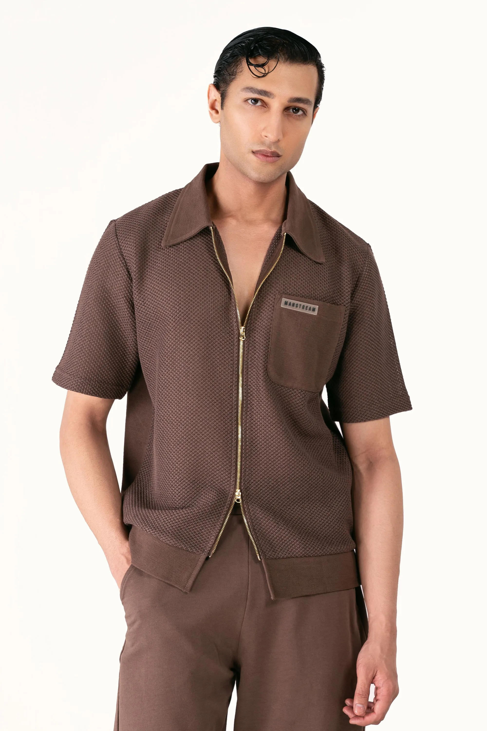 Terracotta Brown Crochet Zipper Polo