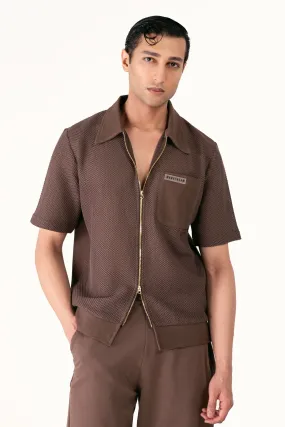 Terracotta Brown Crochet Zipper Polo