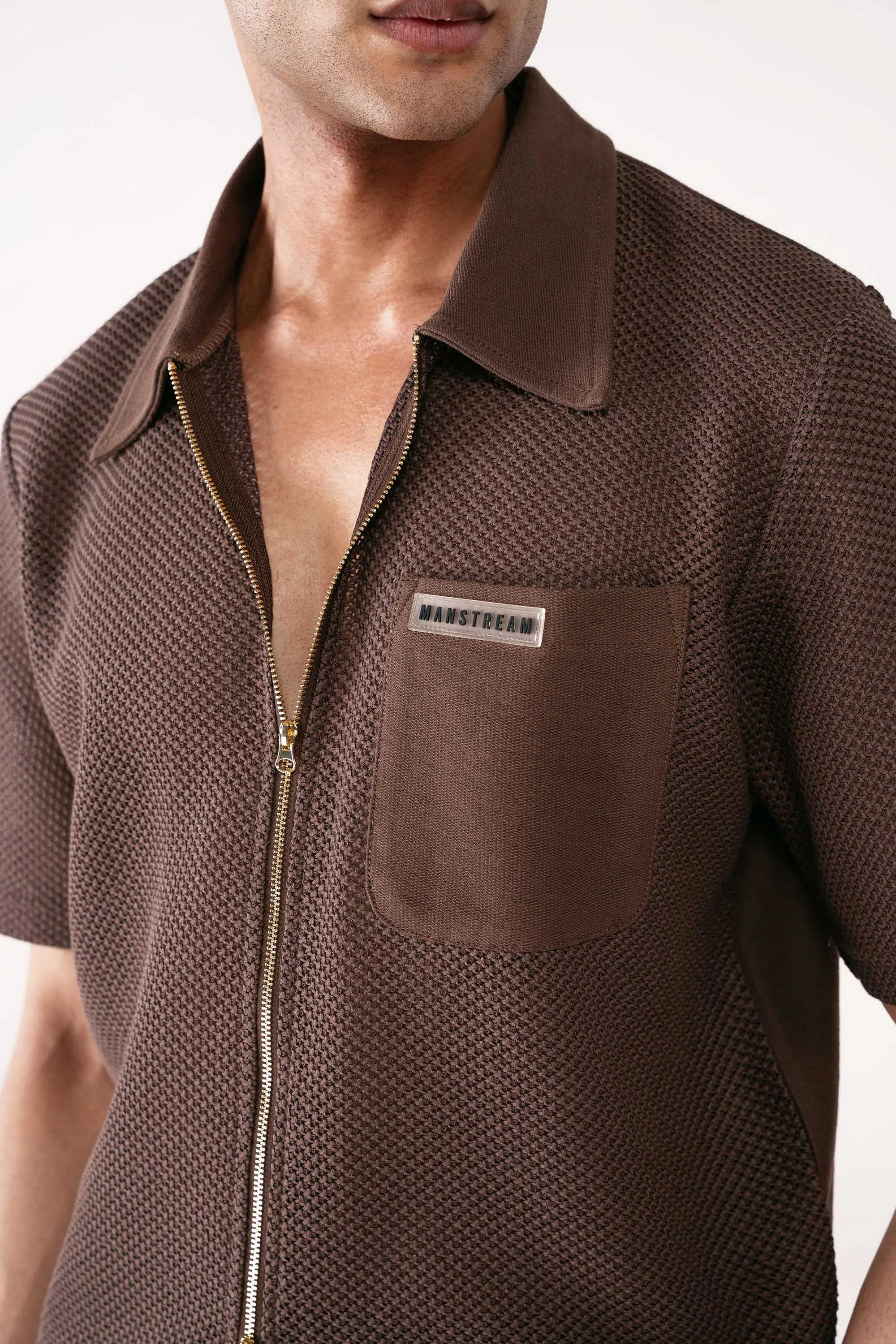 Terracotta Brown Crochet Zipper Polo
