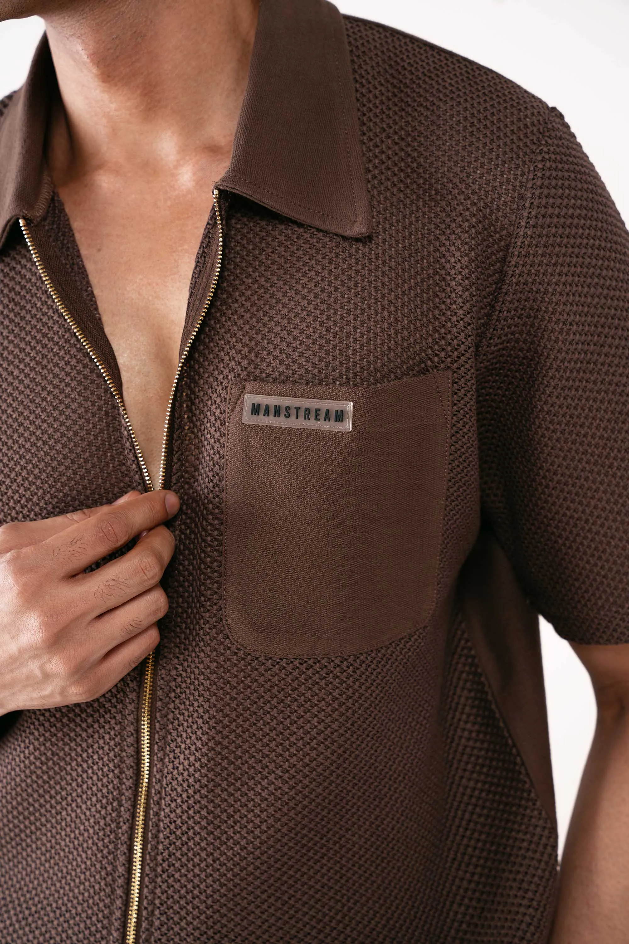Terracotta Brown Crochet Zipper Polo