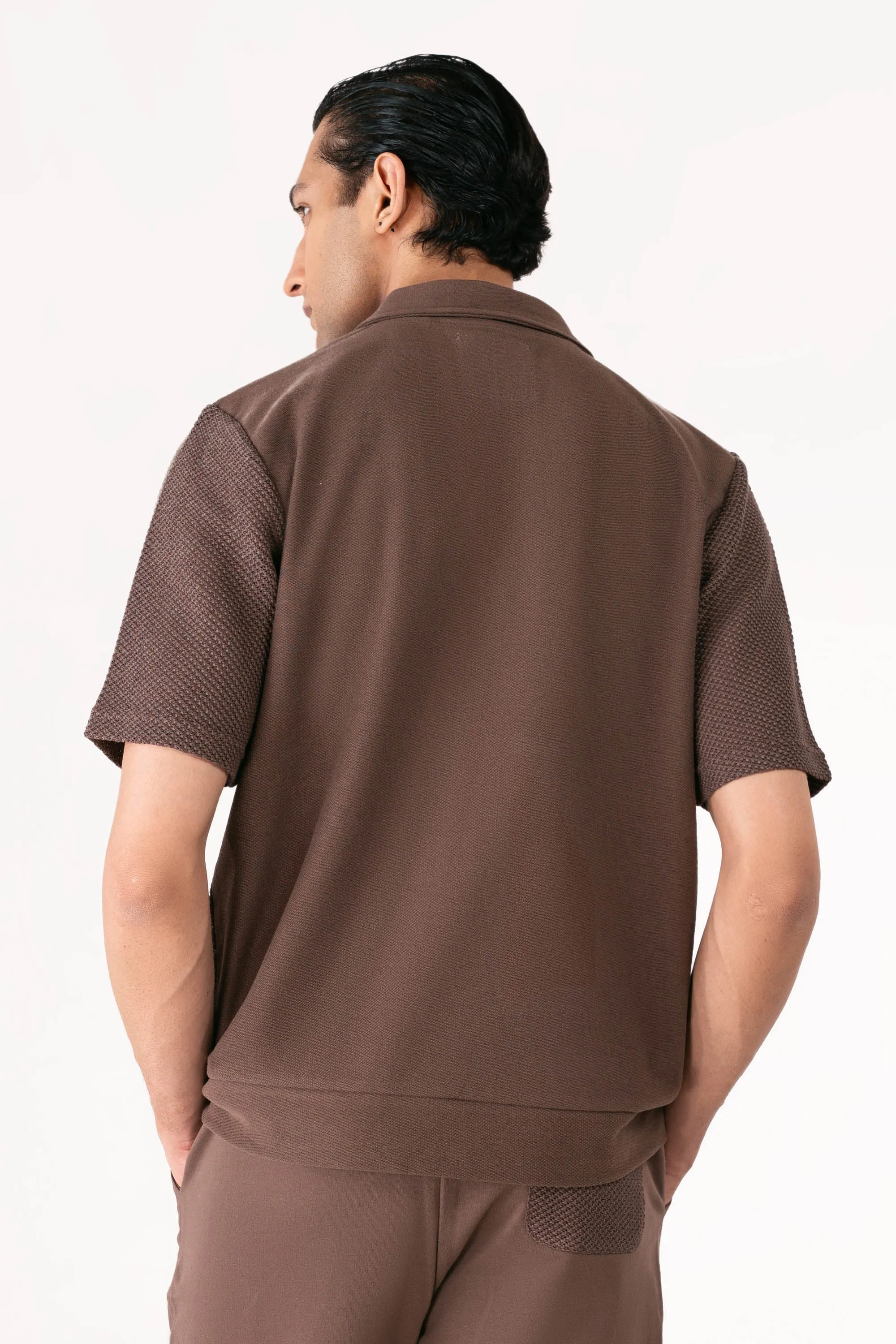 Terracotta Brown Crochet Zipper Polo