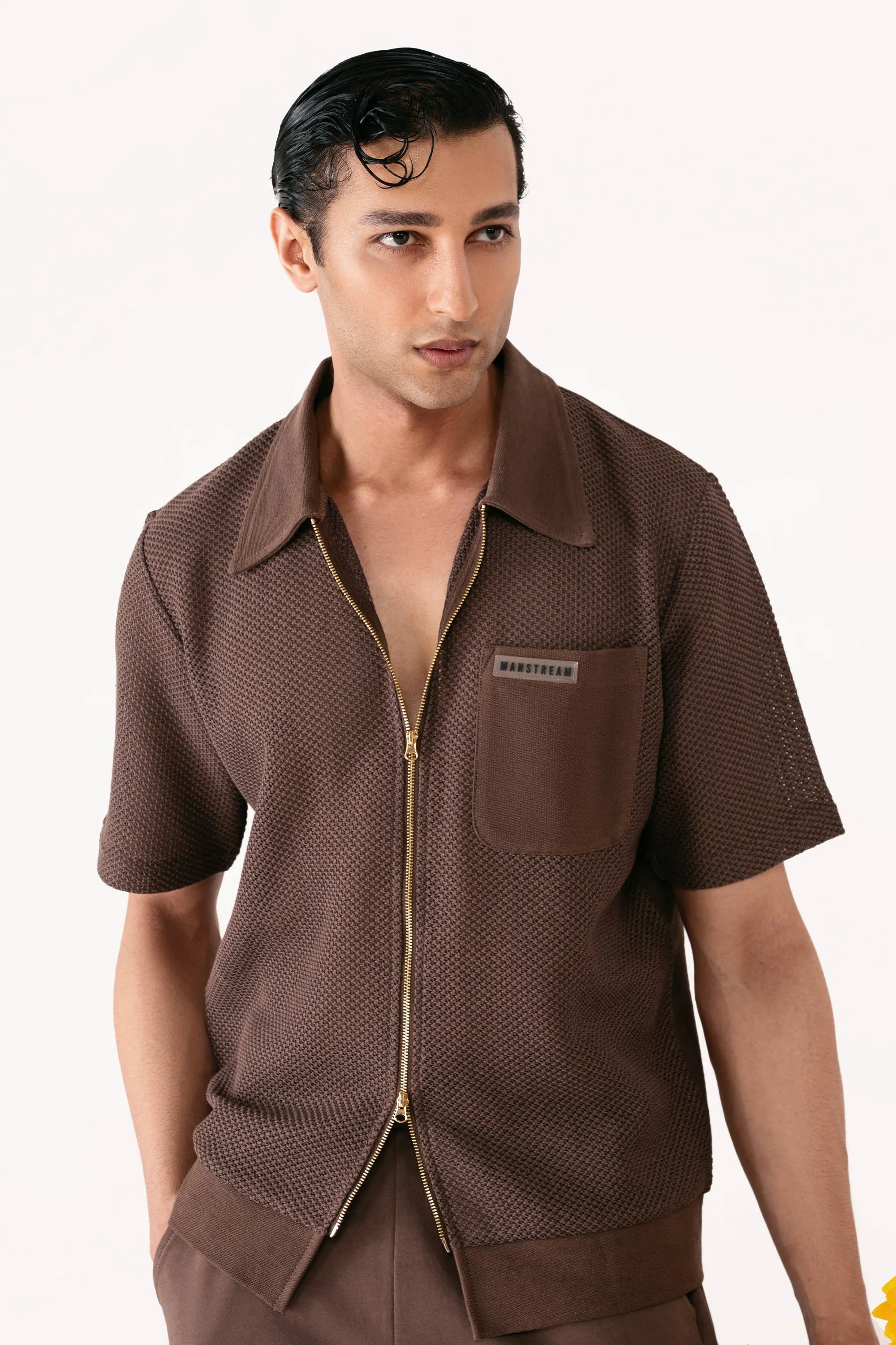 Terracotta Brown Crochet Zipper Polo