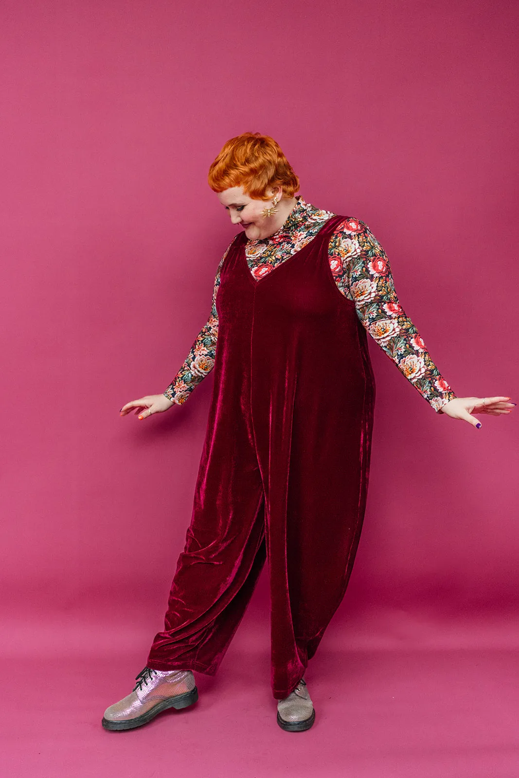 Velvet Dungaree Jumpsuit in Burgundy