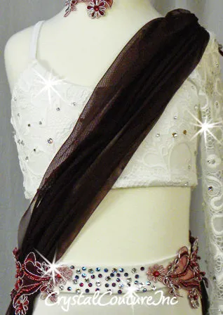 White with Burgundy Sheer Mesh Connected Crop Top and Brief/Mesh Skirt - Swarovski Rhinestones