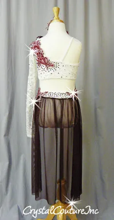 White with Burgundy Sheer Mesh Connected Crop Top and Brief/Mesh Skirt - Swarovski Rhinestones