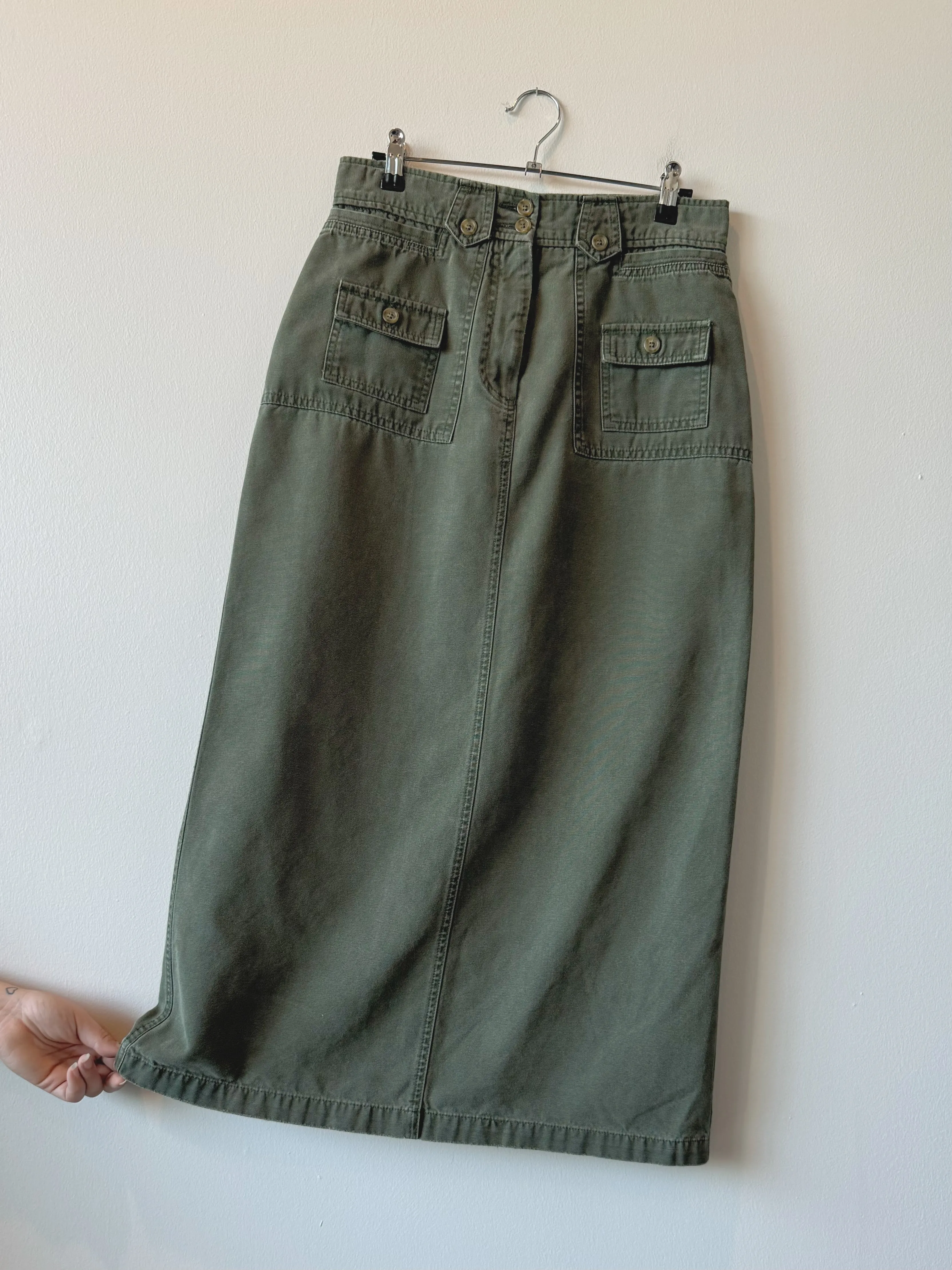 Y2K Green Cotton Utility Maxi Skirt (W29”)